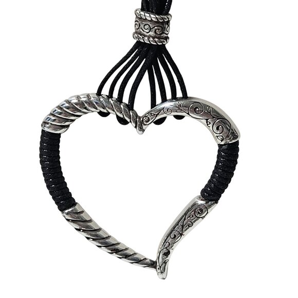 Heart-Shaped Silver Tone Pendant Necklace Black Multi Strand Cord Jewelry Women - Picture 2 of 7